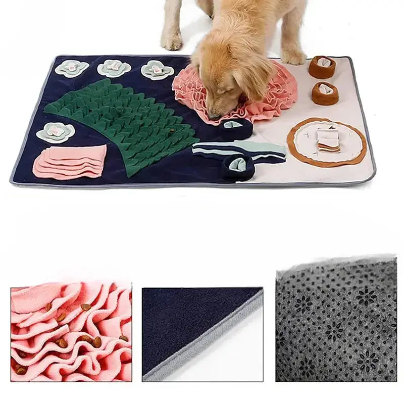 Chien mangeant de la nourriture sur un tapis interactif - expérience pleyfood pour chiens