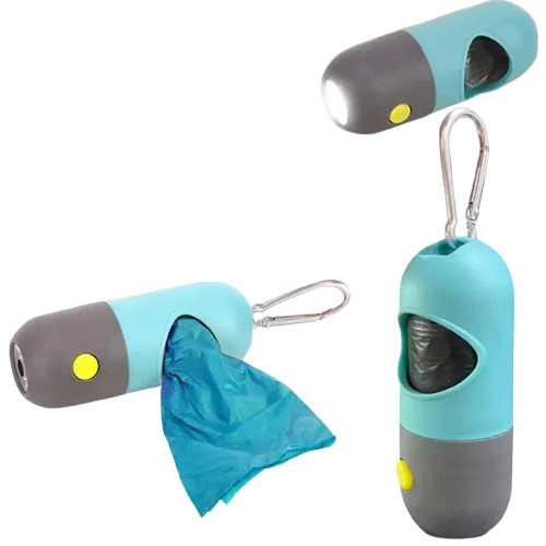 Distributeur de sacs à crottes LED pour les promenades nocturnes - Lampe de poche avec sac bleu, parfait pour les promenades nocturnes Transparent Background