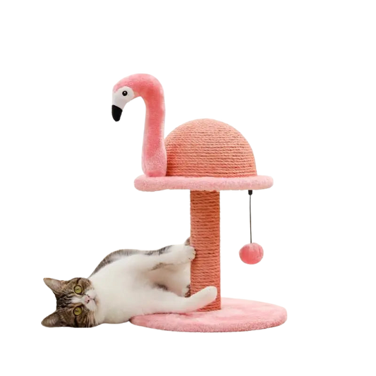 Griffoir pour chat en forme de flamant rose : Arbre à chat original avec un chat se prélassant sur le dessus Transparent Background