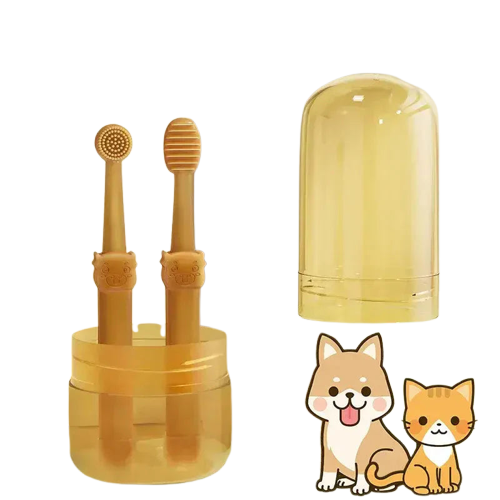 Chat et chien assis à côté du présentoir du produit ’Toothbrush for Dogs’ (brosse à dent) Transparent Background