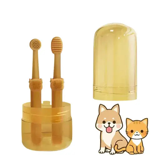 Chat et chien assis à côté du présentoir du produit ’Toothbrush for Dogs’ (brosse à dent) Transparent Background