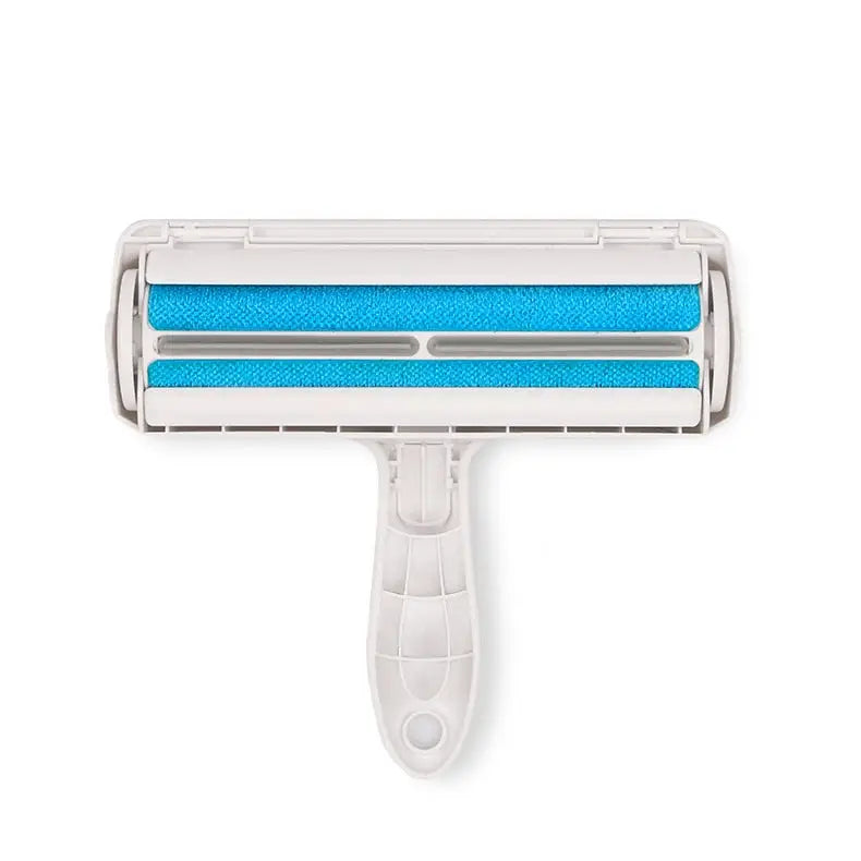 Brosse Anti-Peluche Double Face - Base Auto-Nettoyante, blanche et bleue sur fond blanc