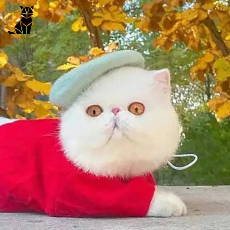 Chat blanc en pull rouge portant un Élégant chapeau vert - Chapeau béret pour chat