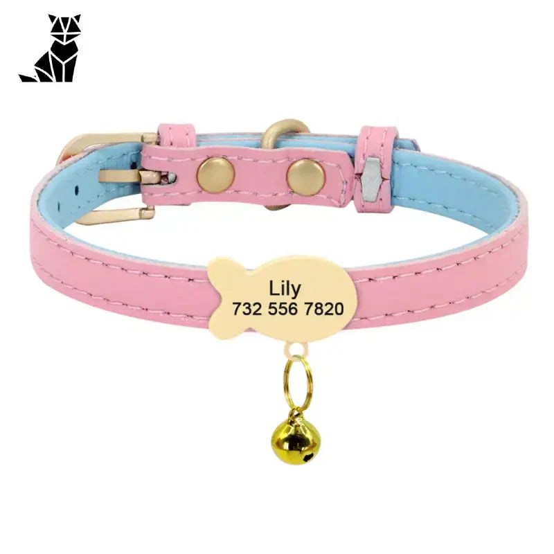 Collier Personnalisé pour Chat en cuir rose et bleu avec clochette - Identification complète