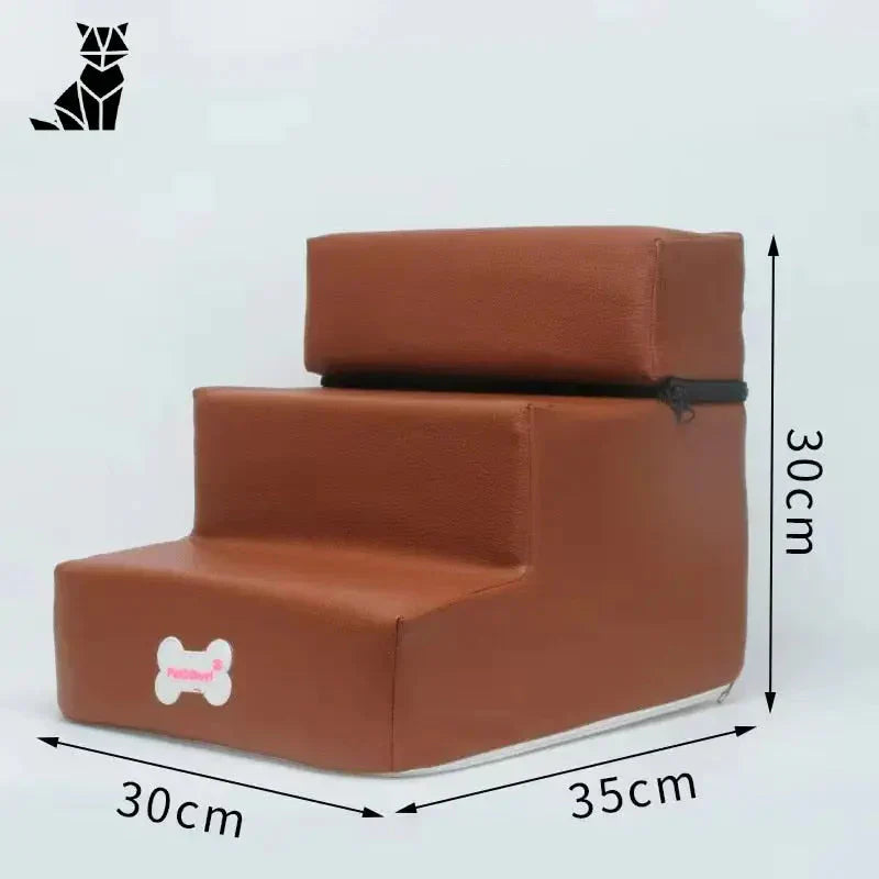 Escalier pour petits chiens à trois marches - Chaise marron avec bouton blanc