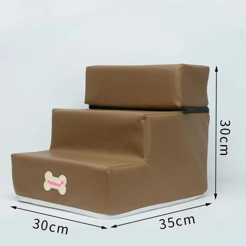 Escalier à trois marches pour petits chiens, chaise marron avec base blanche et assise noire