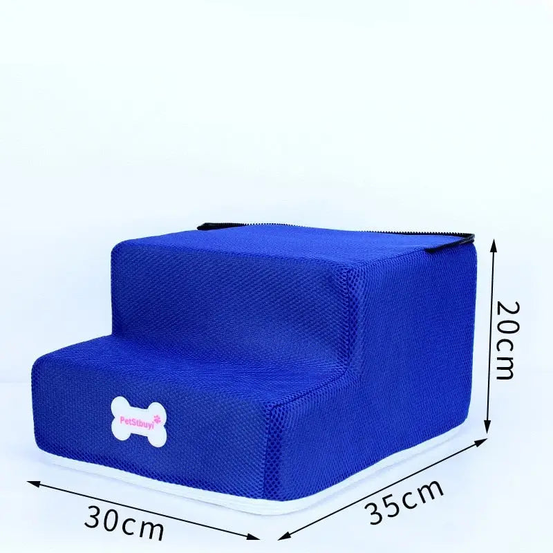 Escalier pour petits chiens à trois marches : Chaise en mousse bleue avec base blanche pour le confort des animaux de compagnie