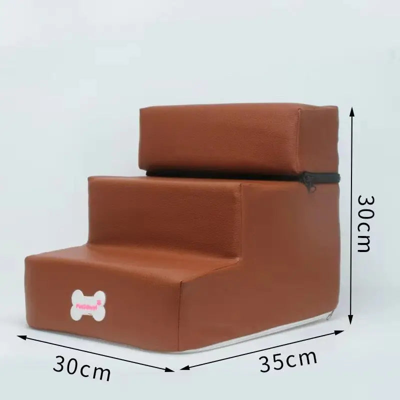 Escalier pour petits chiens à trois marches - Chaise marron avec bouton blanc