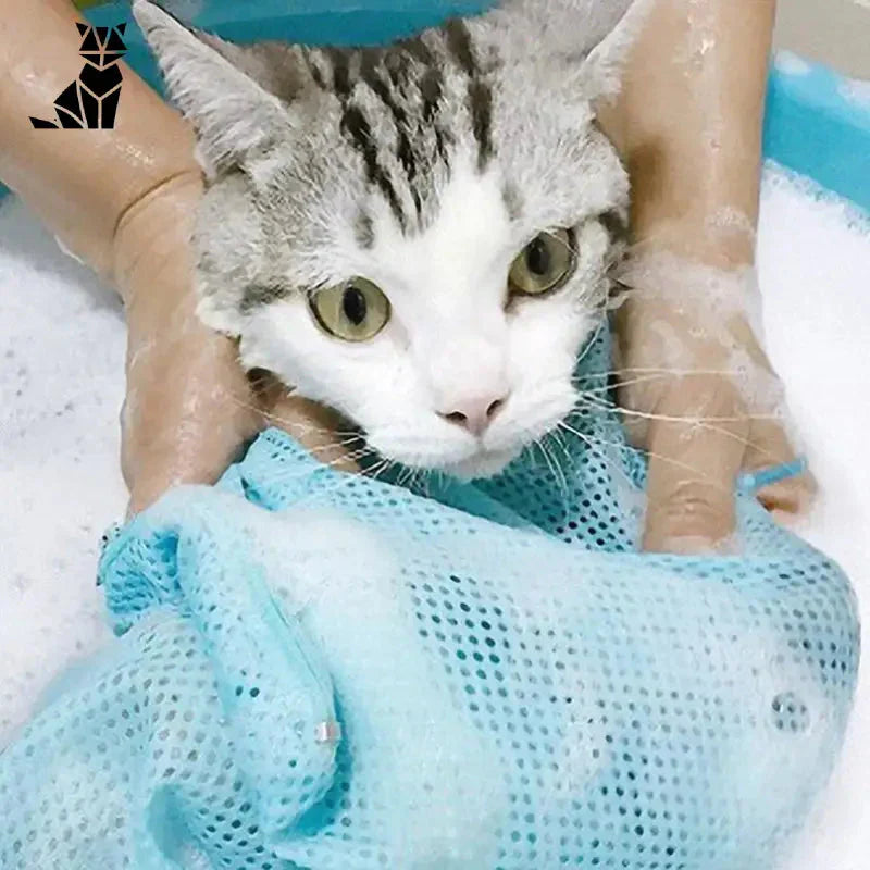 Chat confortablement assis dans une baignoire avec une serviette et un filet de bain Safe Cat Bath Net pour le toilettage des animaux de compagnie