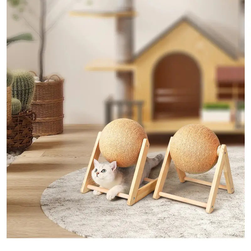 Chat confortablement assis sur une chaise en bois de Solid Wood Cat Scratcher pour les animaux qui aiment le bois