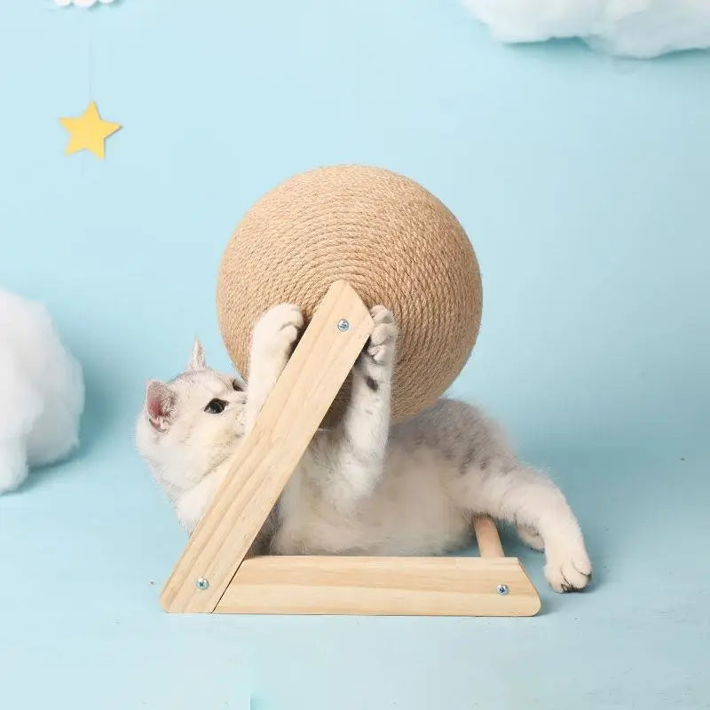 Chaton mignon profitant du griffoir en bois massif - parfait pour vos animaux de compagnie joueurs !