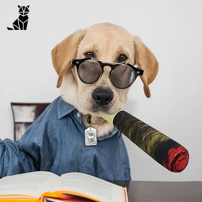 Chien avec lunettes et livre présentant le jouet à mâcher Cigar avec Squeak jouet