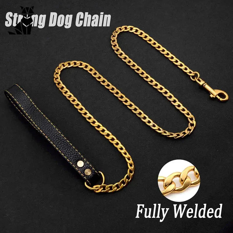 Chaîne dorée pour chiens avec sangle en cuir noir - Accessoire idéal durable et élégant