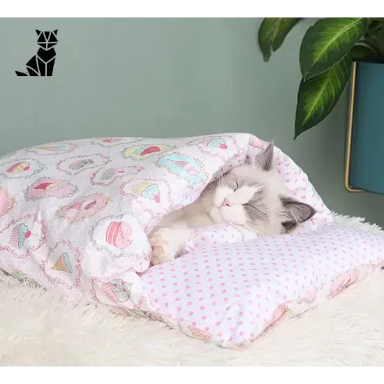 Chat dormant dans le lit en coton Cozy Star pour chats, rose et blanc éclairé douillet