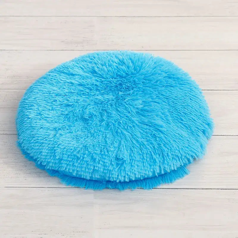 Rond lit pour petits animaux : une balle bleue moelleuse sur un sol en bois blanc