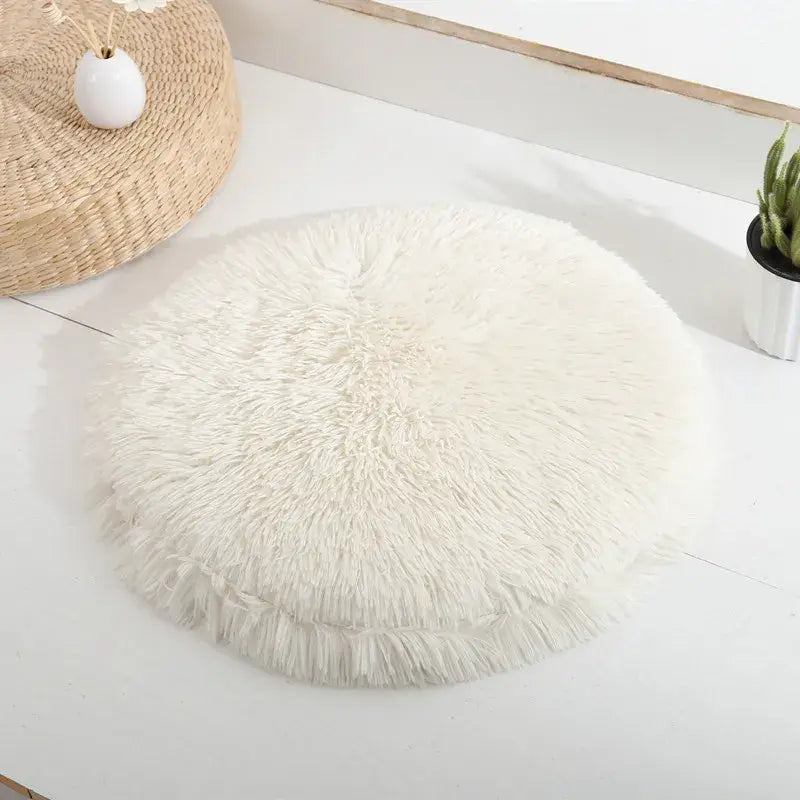 Lit rond doux pour petits animaux sur tapis et table blanche