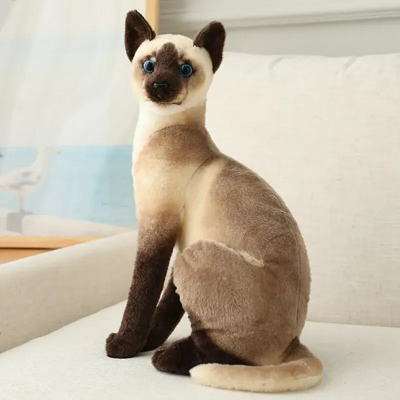 Un chat assis sur un canapé avec une peluche de chat de la collection Peluche chat réaliste