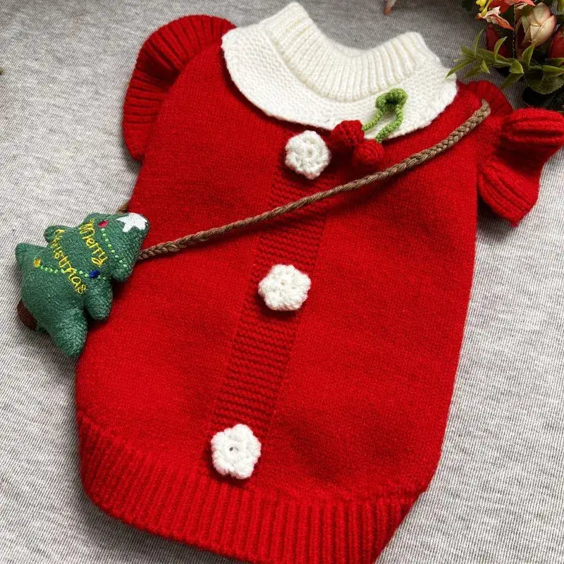 Pull de Noël pour chiens en matière chaude avec collier à pompon rouge et blanc festif