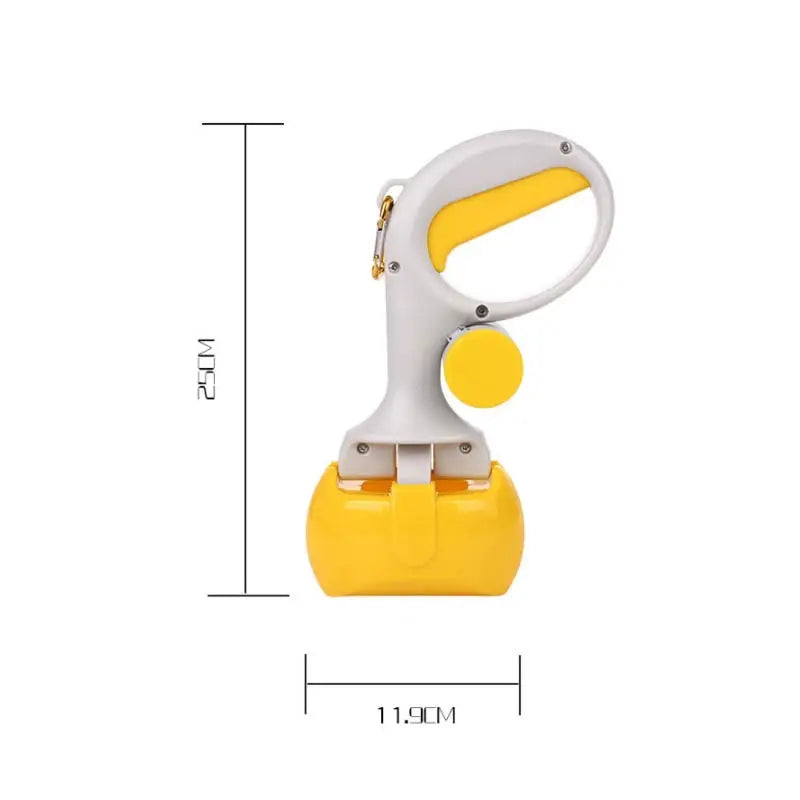 Sac à crottes ergonomique : Gros plan sur une agrafeuse ramasse crotte manuelle jaune et blanche
