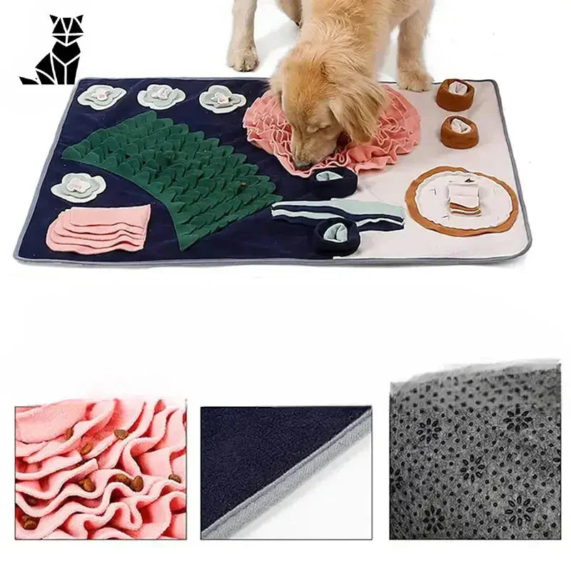 Chien mangeant de la nourriture sur un tapis interactif - expérience pleyfood pour chiens